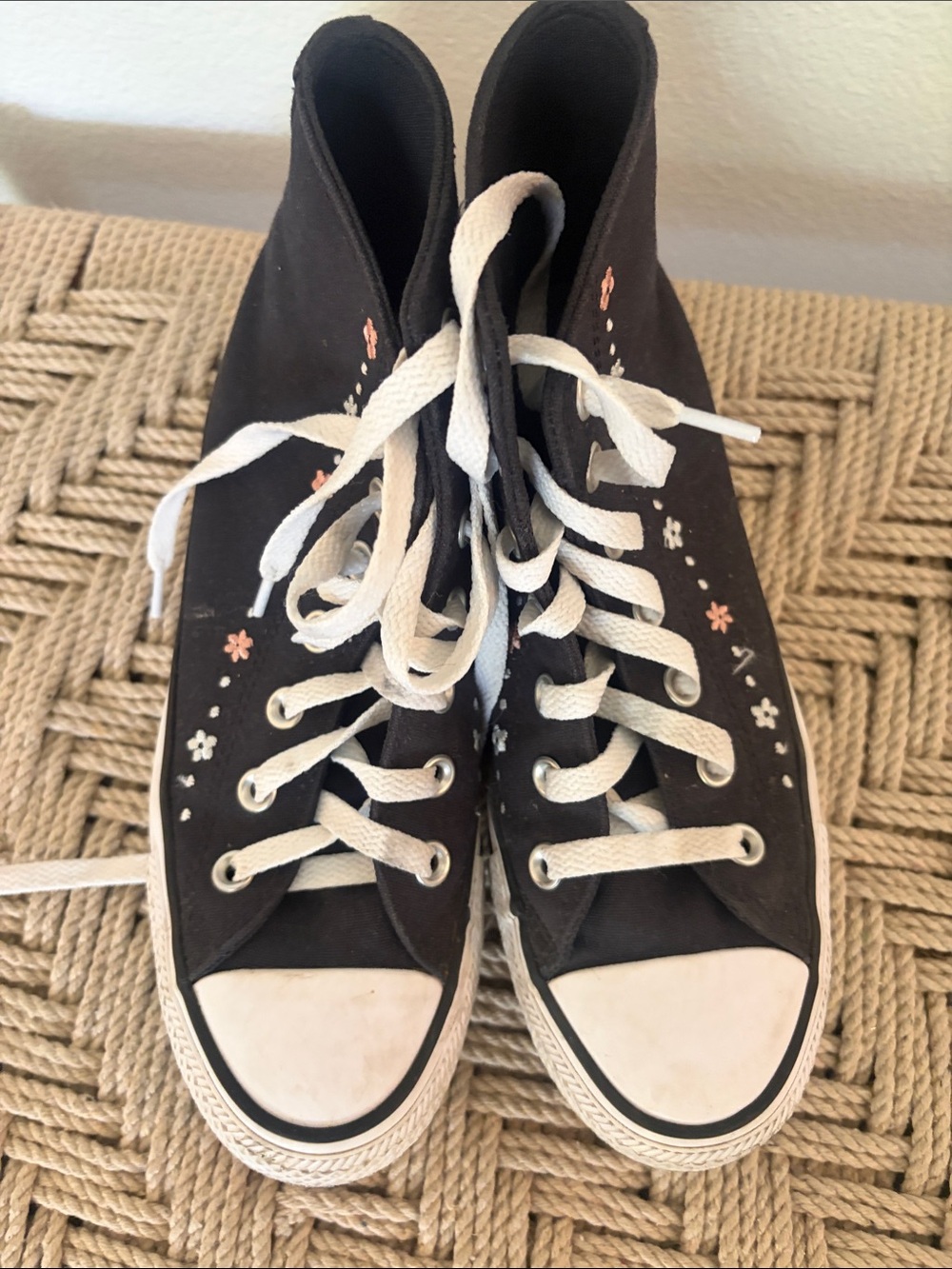 Converse Black High-Top Sneakers Embroidered Subtle Pink Floral Accents